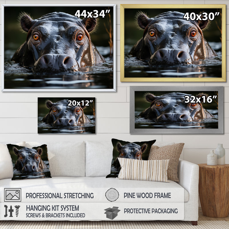 Hippopotamus Portrait Monochrome - Animals Canvas Art Print, Toile tendue, H 30 po x l 40 po x P 1,5 po