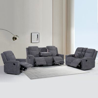 3 Piece  Soft Microfiber Manual Reclining Sofa Set, Sofa w/Dropdown Table, Loveseat with Bluetooth Speaker and Type-C Charger Charcoal Gray
