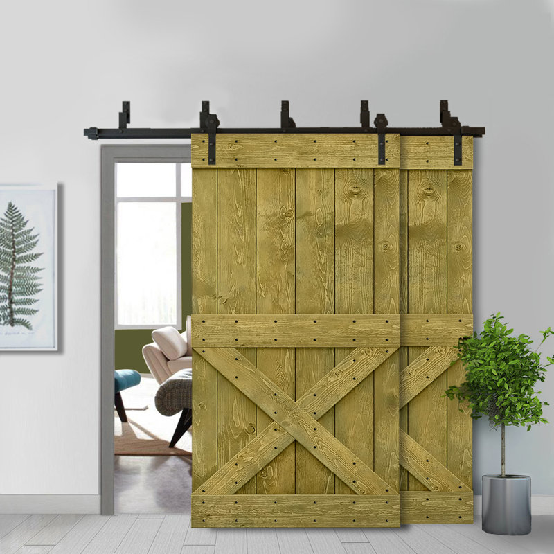Porte de grange à double bricolage avec panneau coulissant en bois teinté Mini X Series, 80 po x 84 po, Vert jungle