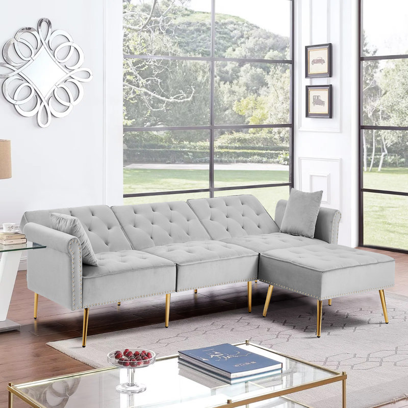 Canapé et méridienne en velours 110,2 po, Velours gris clair