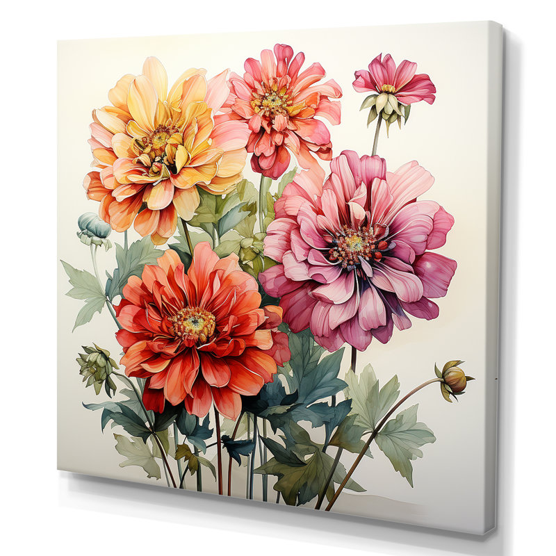 Illustration simple de Zinnia Bouquet II - Zinnias, art mural, Toile tendue, H 16 po x l 16 po x P 1 po