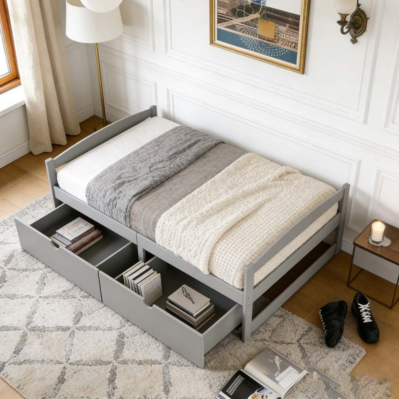Lit plateforme simple avec deux tiroirs, Gris