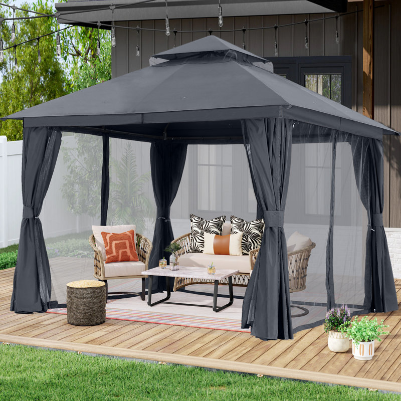 Pavillon de jardin en acier de haute qualité avec toit souple, Gris, 13 pi. L 11 pi.