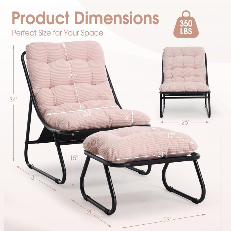 Chaise longue d'extérieur avec repose-pieds et coussins, Velours côtelé rose