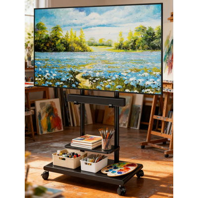 Meuble télé mobile robuste avec support de barre de son pour téléviseurs de 50 à 90 pouces, chariot pivotant et inclinable avec réglage de la hauteur et grandes tablettes de rangement, VESA maximum 600 x 400 mm