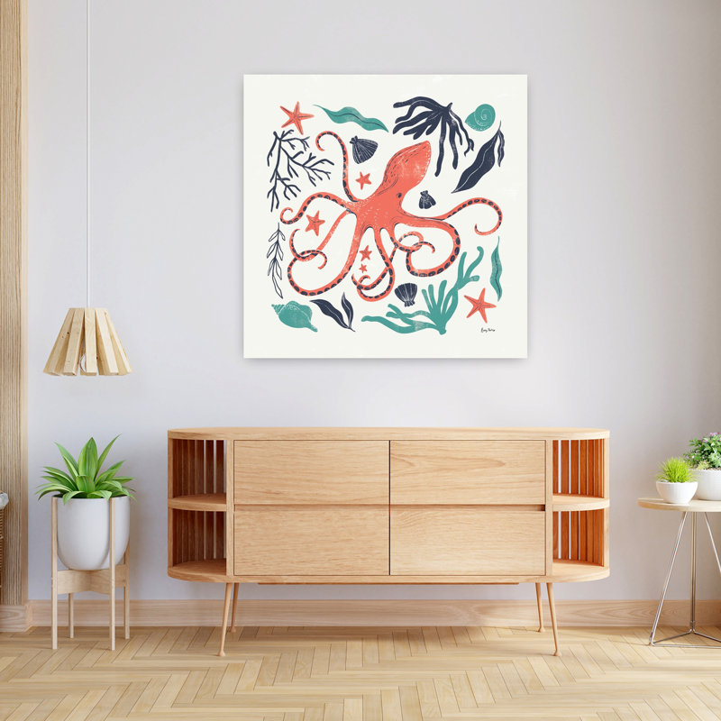 Coastal Reef IV, turquoise, étoile de mer abstraite, pieuvre, paysage côtier, art, H 36 po x l 36 po
