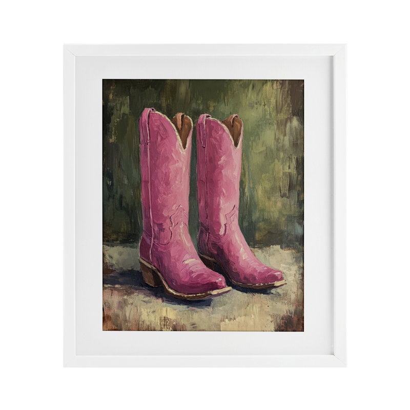 Bottes de cow-boy roses patinées, reproduction sous verre, design par Petal Prints Design, H 21 po x l 17 po