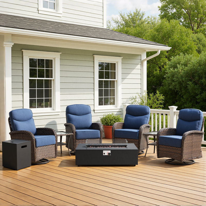 Outdoor Wicker Nighttime Chat Swivel Chair Conversation Set With Side Tables And Split-Type Fire Pit Table, Blue