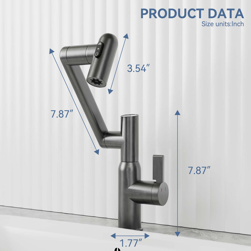 Bathroom Sink Faucet with Spray Function and Temperature Display for Anti-Skid Switch and Hot & Cold and 360° Rotary