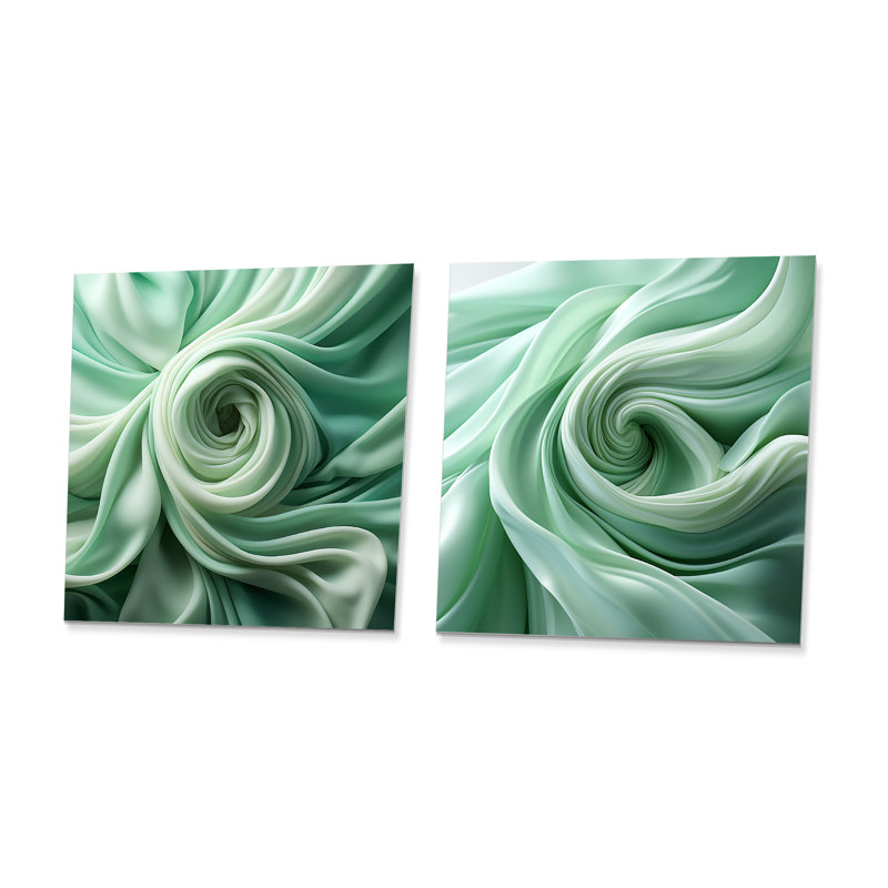 Green Soft Fractal Spirals I - Ensemble de 2 décorations murales carrées en spirale abstraites, H 23 po x l 46 po