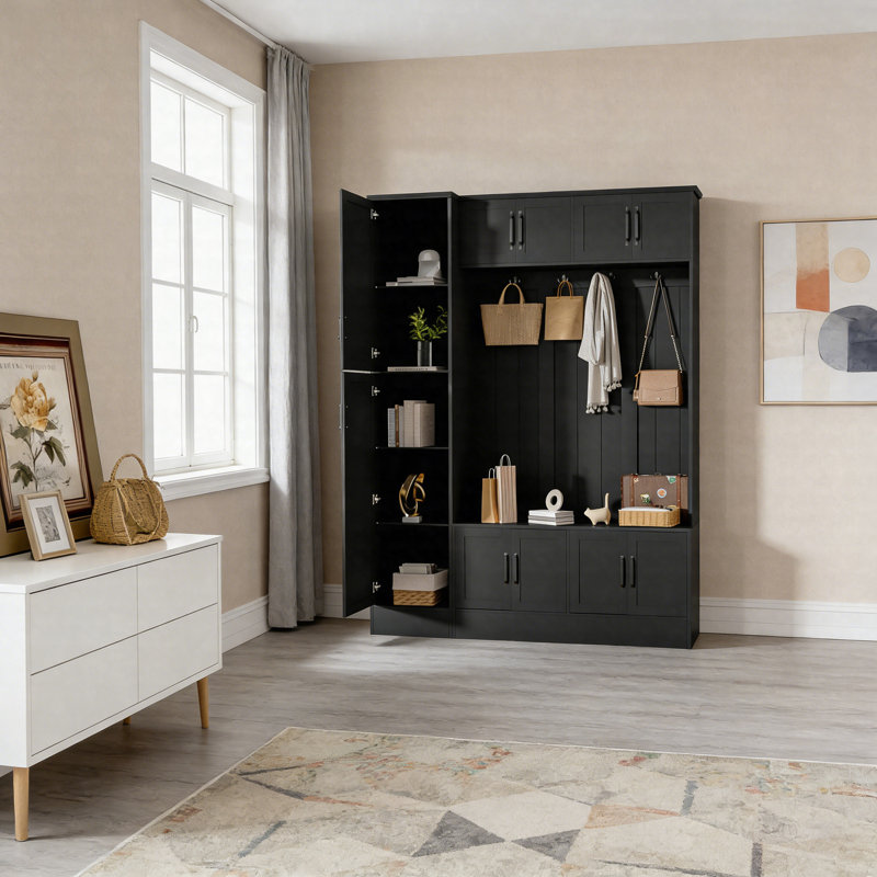 79" Modern Hall Tree With Shoe Storage – 4-In-1 Entryway Bench With 6 Cabinets, 4 Hooks & Adjustable Shelf, Black