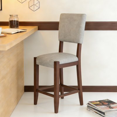 Set Of 4 Mid Century Modern Counter Bar Stools, 40.4" Upholstered Linen Backed Barstools With Solid Wood Legs