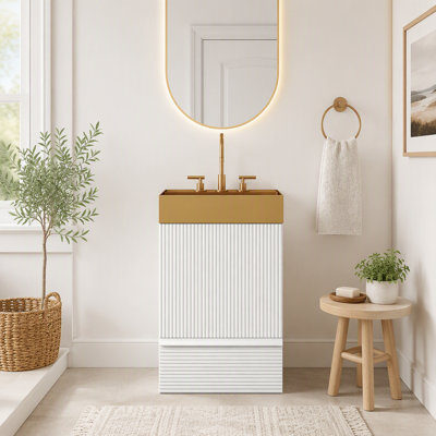 Meuble-lavabo 20 po en velours rayé avec lavabo, meuble autoportant pour salle de bain moderne, lavabo une pièce sans bonde et robinet