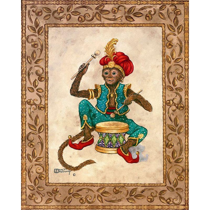 Art sur toile tendue par Trinx Kruskamp, Janet: Monkey with Drum, H 18 po x l 15 po