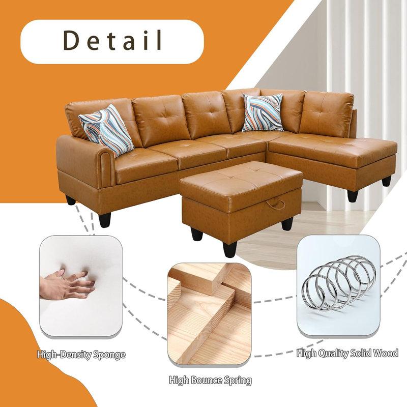 3-Piece Faux Leather Sectional Sofa, Ginger Faux Leather