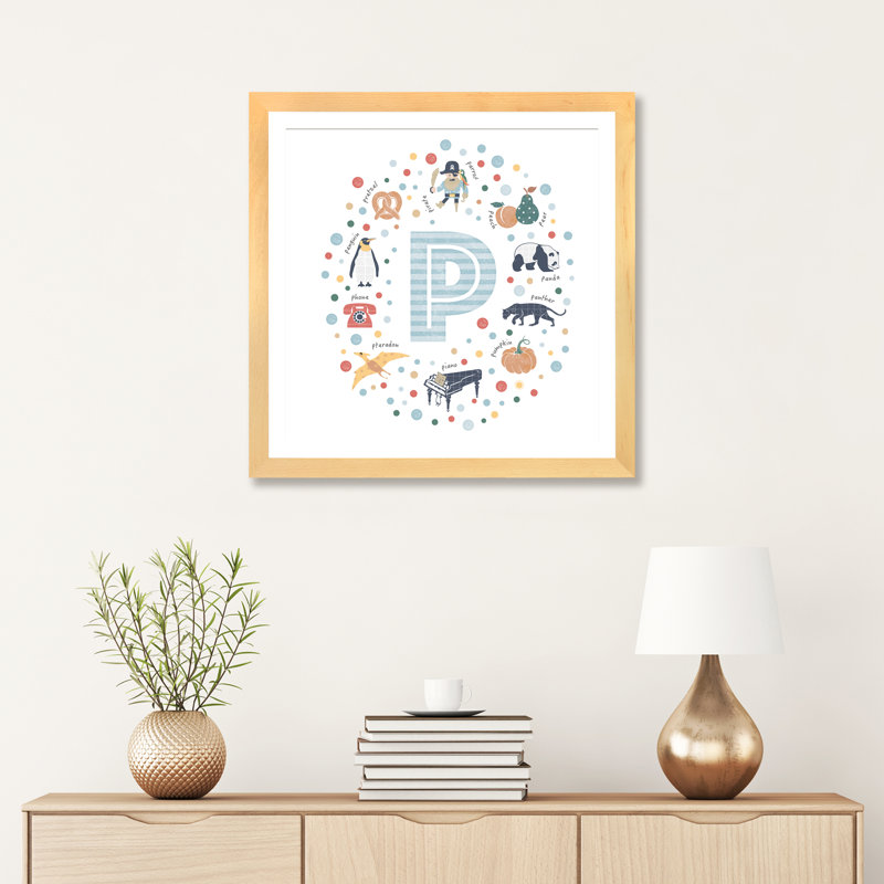 Lettre illustrée P bleue - impression, H 24 po x l 24 po x p 1 po, Papier avec cadre beige, Blanc