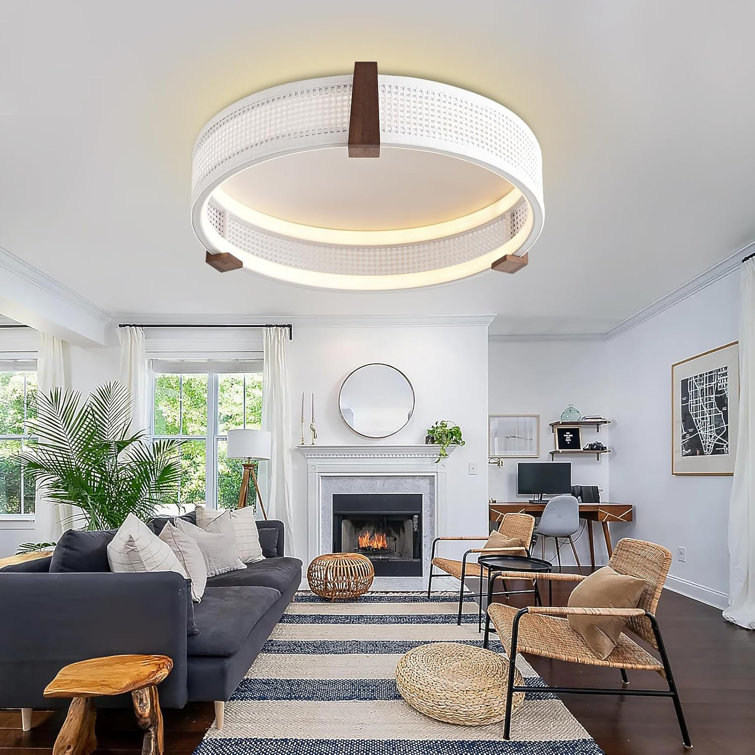 Deaija Modern Round Rattan LED Ceiling Light, Dimmable Flush Ceiling Light Fixture, Vintage White Low Profile Ceiling Lamp