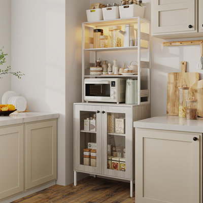 66in Bakers Rack with Power Outlet and USB, Farmhouse Coffee Bar Cabinet with LED Lights and Adjustable Shelves, Microwave Stand and Liquor Storage fo by Rosalind Wheeler