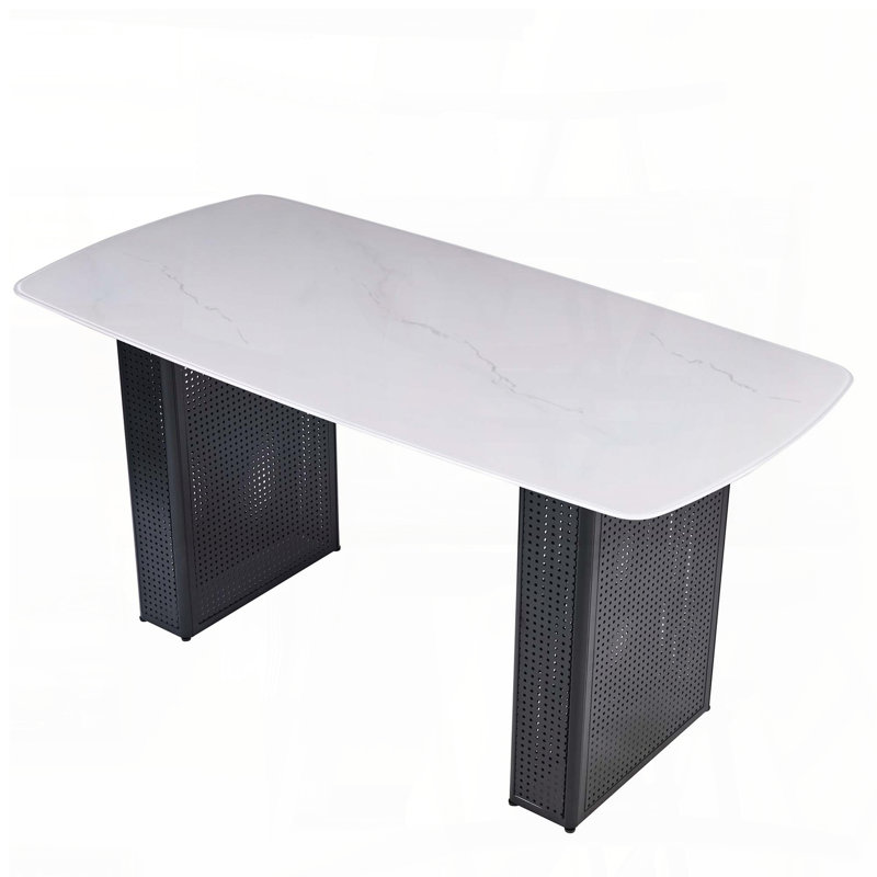Table de salle à manger rectangulaire en verre trempé avec motif en marbre et base noire à double piédestal, Noir / blanc