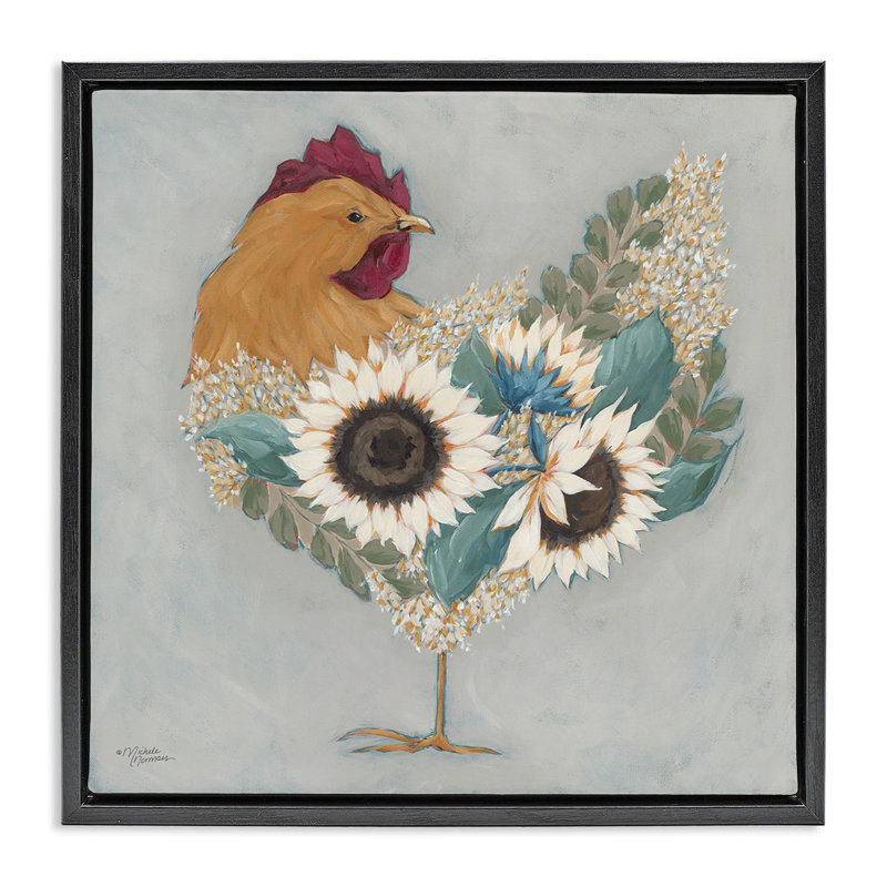 Coq avec des fleurs florales superposées, H 18 po x l 18 po, Noir