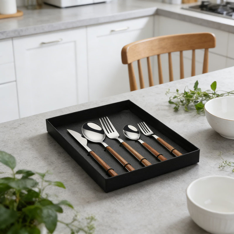 Ensemble 20 pièces de couverts en acier inoxydable avec poignée en grain de bois et motif en marbre