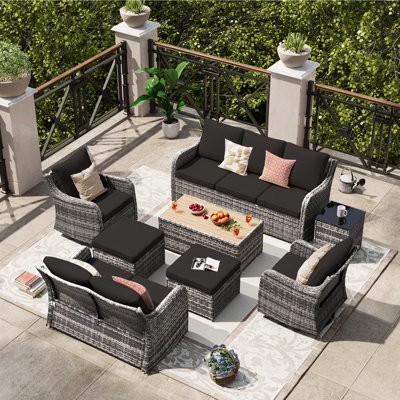 8 Pieces Patio Furniture Set, Patio Conversation Set With Swivel Rocking Chairs, Outdoor Wicker Sofa Couch With Waterproof Cushions For Lawn Backyard Porch