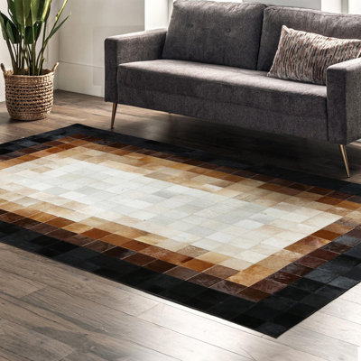 Tapis brun et beige en cuir de vache, tapis fait à la main en cuir véritable