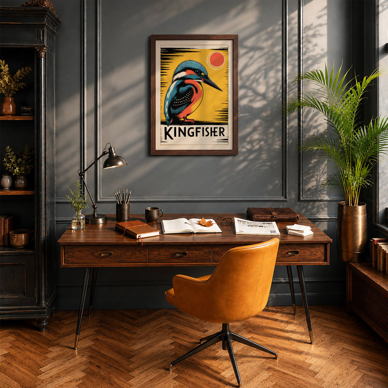 Kingfisher Sun Art Deco - Framed Print, A3 - 42.0 x 29.7 cm, Walnut