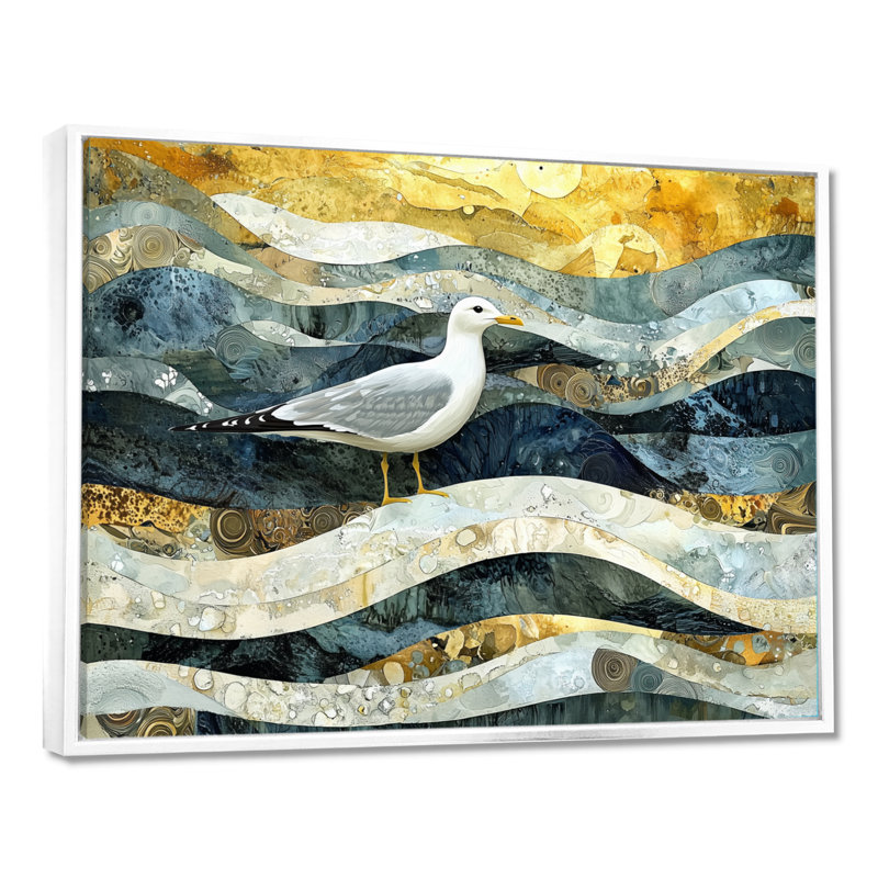 Marbre, mouette, vol de la côte II, impression sur toile encadrée, H 30 po x l 40 po, Reproduction avec cadre flottant, Blanc
