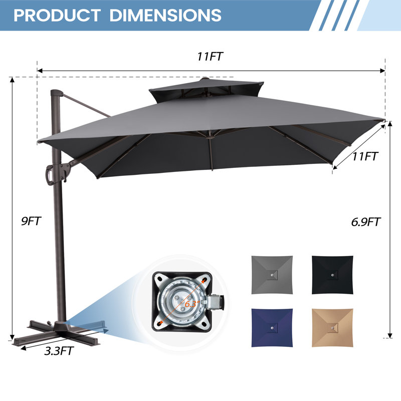 11' Square Patio Cantilever Umbrella, Base Included, Dark Gray