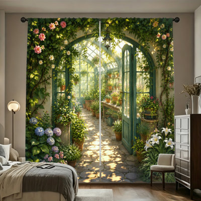 2Pcs Enchanting Garden Doorway Light Filtering Curtains, Lush Greenery With Full Bloom Flowers, Warm Spring Vibe Scenic Art, Rod Pocket Easy-Hang Design, All-Season Curtains for Living Room, Bedroom, Dormitory