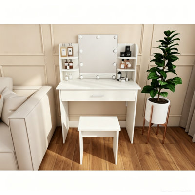 Coiffeuse avec miroir à DEL avec miroir Hollywood, coiffeuse blanche avec tiroirs de rangement, compartiments de rangement pour brosse à maquillage et tabouret assorti