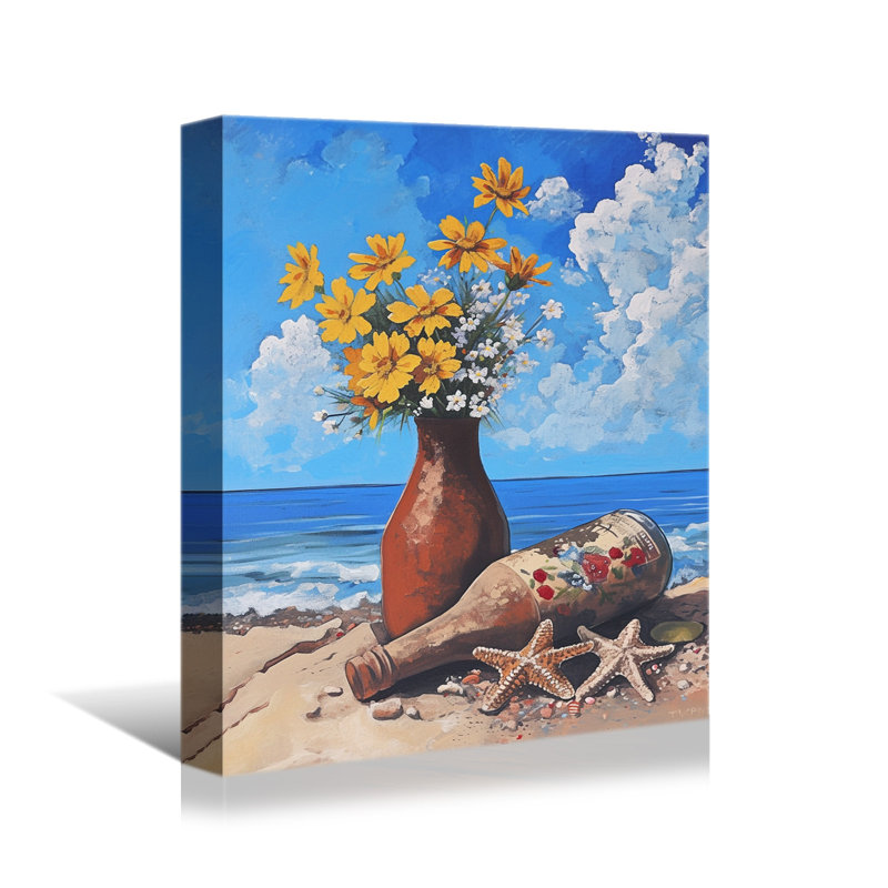 Plage côtière rétro avec bouteilles en verre, étoile de mer et fleurs - décoration murale en toile tendue, H 48 po x l 36 po