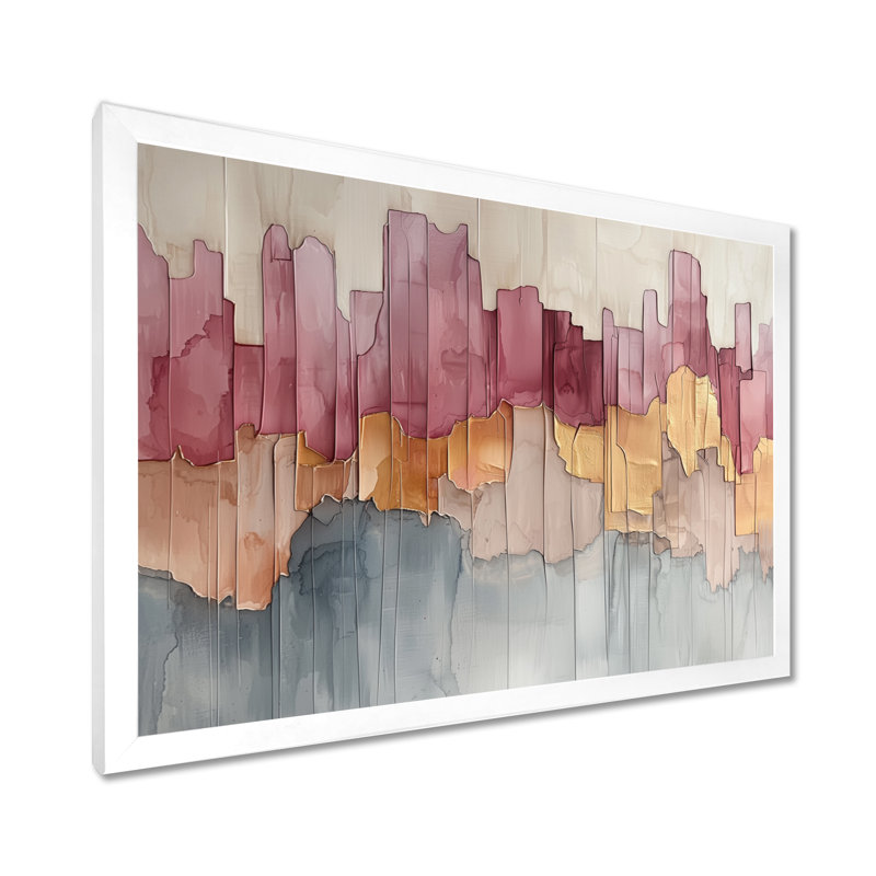 Nyria abstrait doré et rose New York City III - Art abstrait à encre liquide, Cadre simple, H 12 po x l 20 po, Blanc