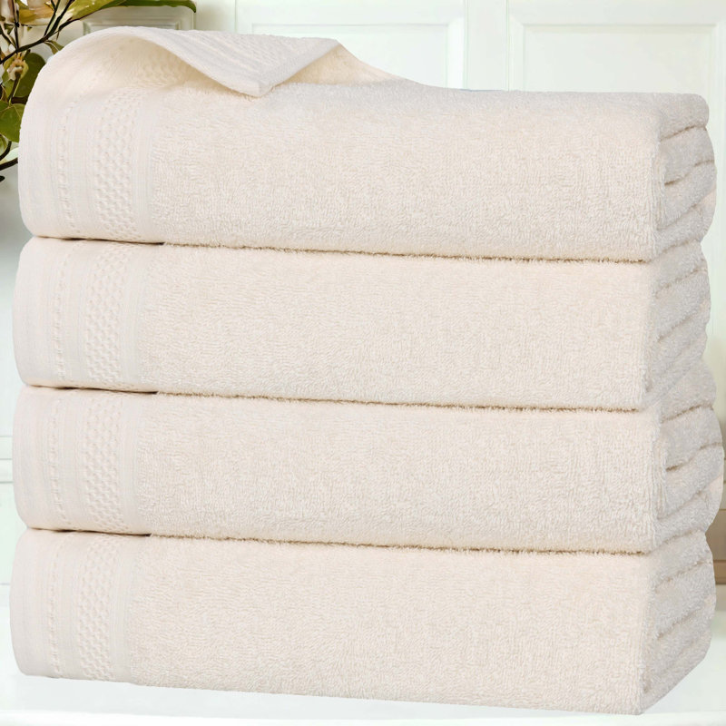 Honeycomb Textured Waffle Border Cotton Medium Weight Bath Towels, Ivory