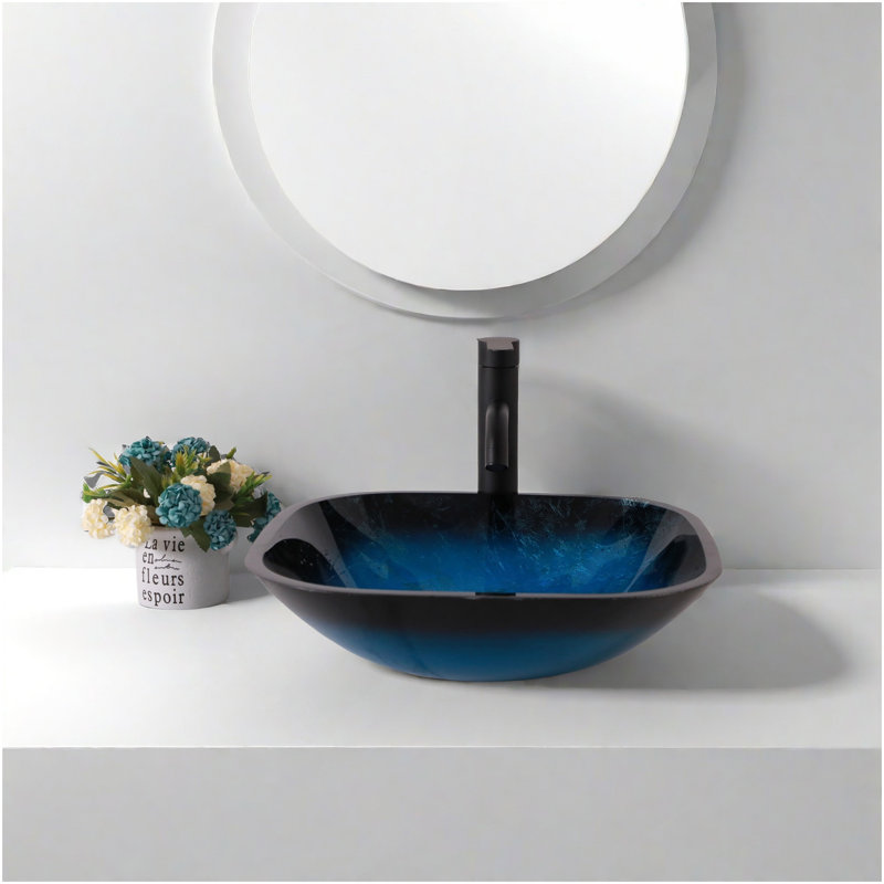 Bathroom Artistic Tempered Glass Vessel Bathroom Sink With Faucet And Pop-Up Drain, Blue