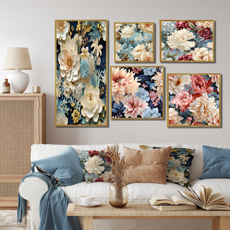 Louca - Ensemble de 5 décorations murales florales, Cadre flottant doré