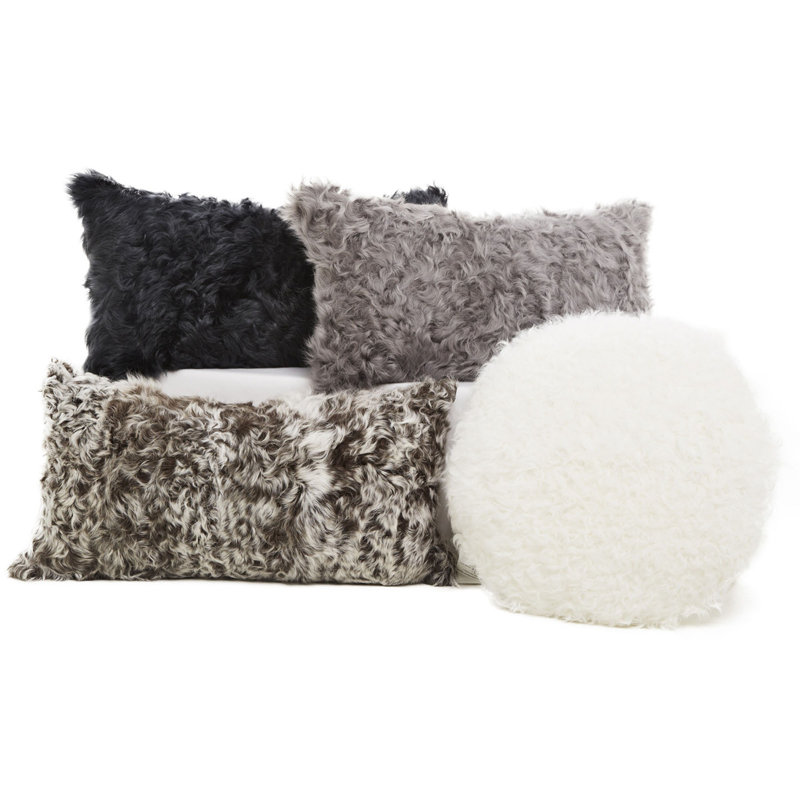 Curly Kalgan Lambskin Throw Pillow with Feather Down Insert, Light Gray, 22" x 22"