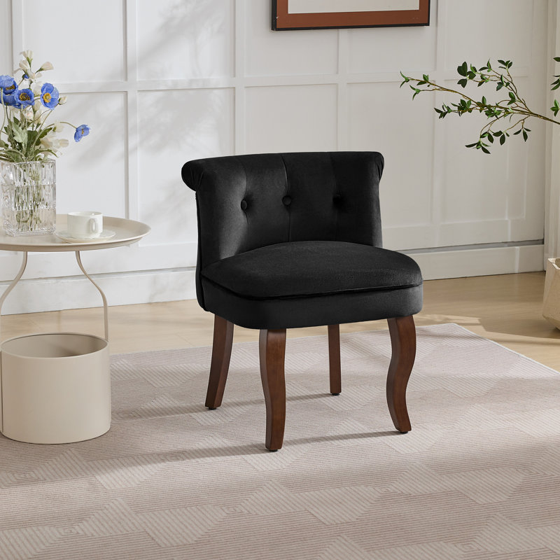 Tufted Upholstered Velvet Vanity Chair with Solid Wood Legs, Black Velvet