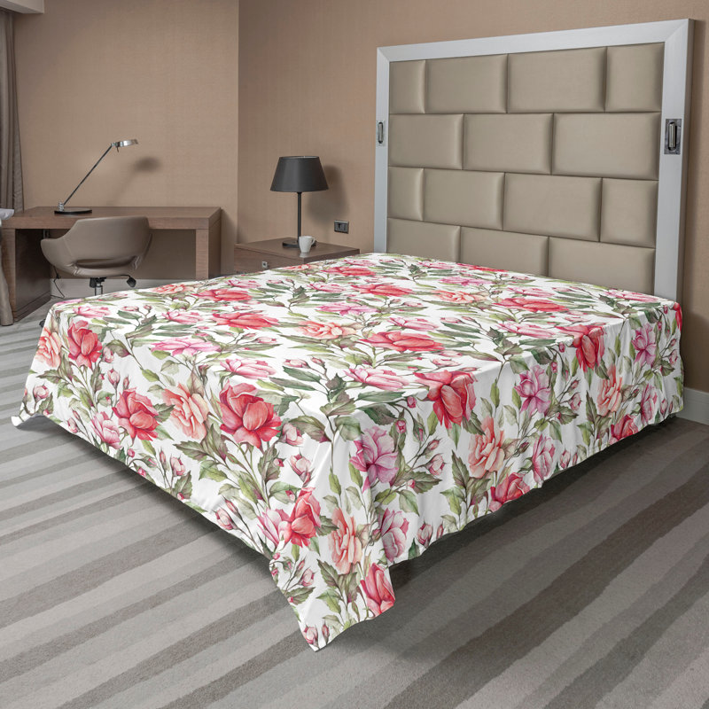 Ambesonne Flowers Flat Sheet Nostalgia Farmhouse, Ivory Reseda Green Coral