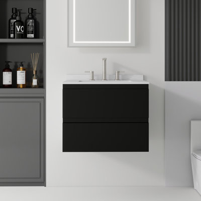Meuble-lavabo suspendu de 61 cm avec lavabo, meuble-lavabo mural en contreplaqué, tiroirs à fermeture amortie, comptoir et dosseret en marbre reconstitué blanc de Carrare, noir