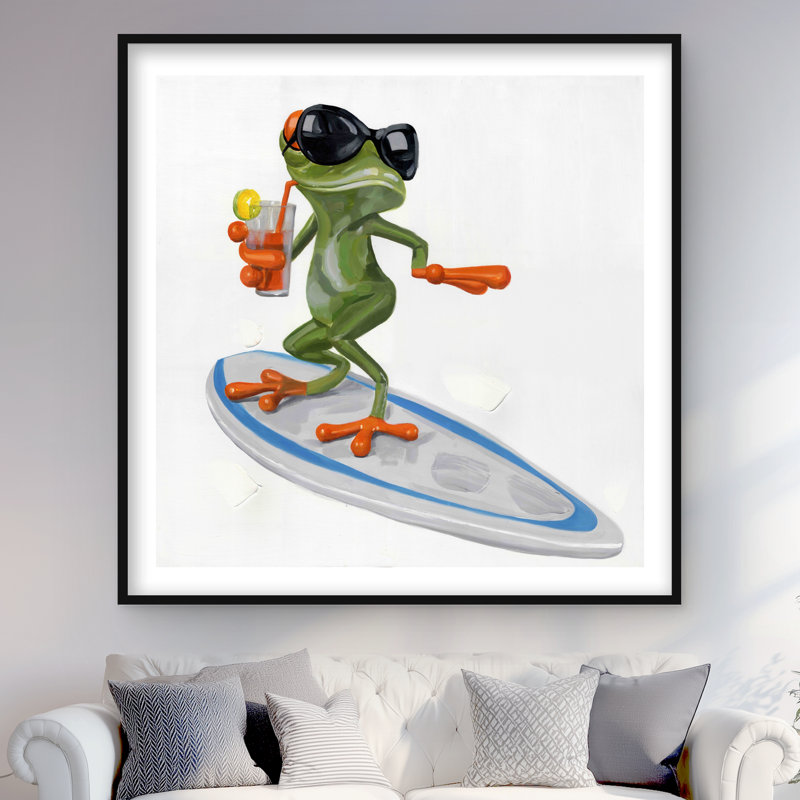 «Funny Frog Surfing», reproduction encadrée pour la décoration intérieure