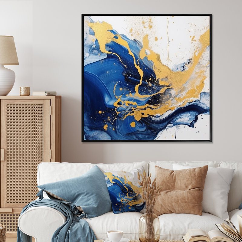 «Dark Blue And Gold Strokes III», reproduction d'art sur toile, H 16 po x l 16 po x P 1 po, Cadre flottant noir