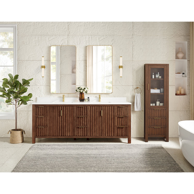 Dessus de meuble-lavabo double 84 po Charnley, Chêne brun foncé vieilli / or brossé