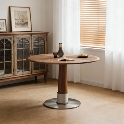 Space-Saving 120cm Round Kitchen Table | Vintage Brown Wood & Metal Base | Compact Dining Table for Flats and Small Homes, Seats 4-6