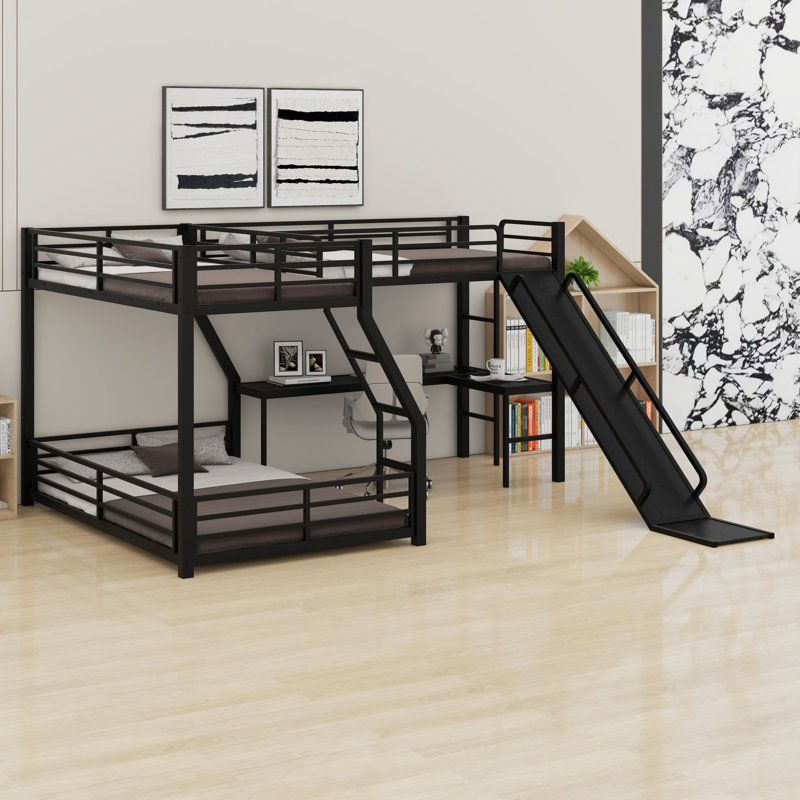 L-Shaped Bunk Bed With Loft Bed, Slide And USB Ports, Twin XL over Queen over Twin