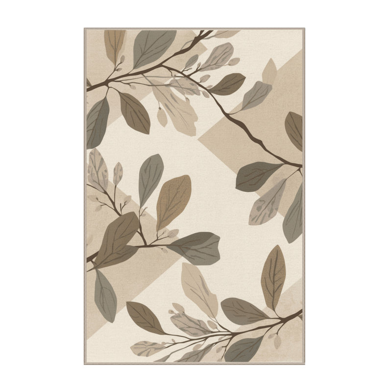 Machine Washable Oyan Olive Branch Coastal Geometric Rug in Beige – Beige Binding, 8x10