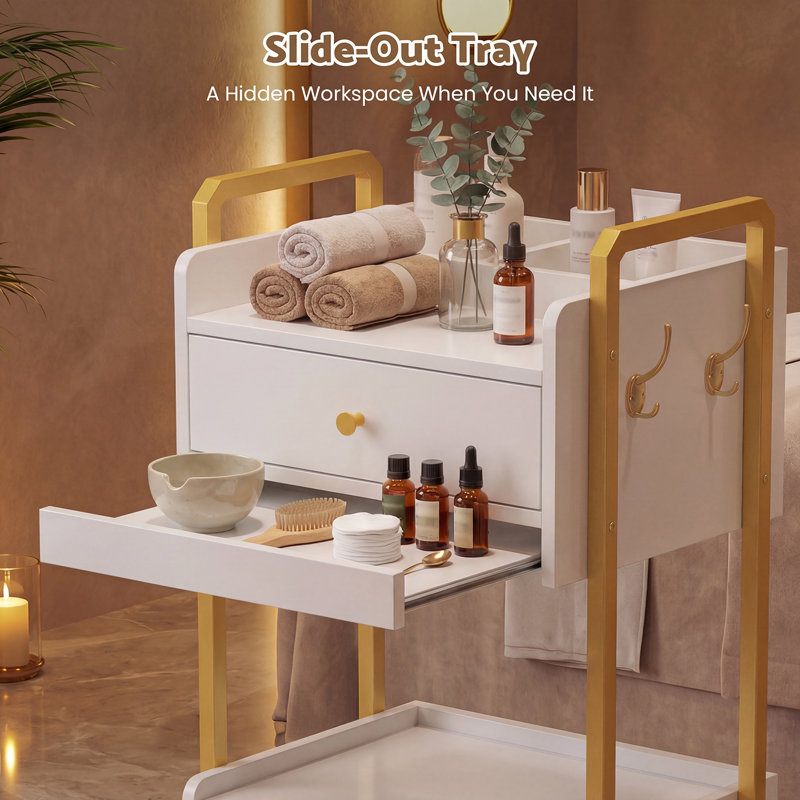 2-Tier Potable Station Rolling Cart with Locking Wheel, Mobile Storage for Salon, Spa, Office, Barber Shop, White