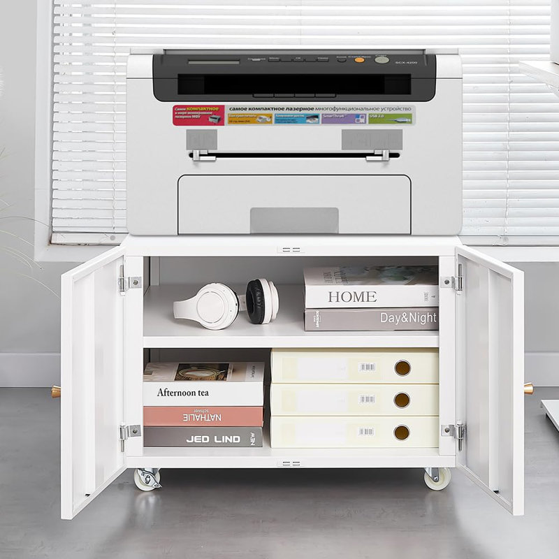 Support d'imprimante avec rangement, table d'imprimante 3D robuste avec double porte et tablette réglable, support d'imprimante sur roulettes, table de fax en métal pour bureau à domicile