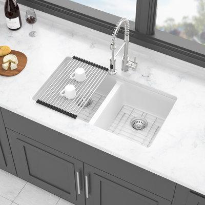 White 33X19" Undermount Double Bowl  50/50  Quartz Kitchen Sink, Thick And Strong Composite, Rounded Corners, Package With Assembly Sink Of Granite Quiet Operation, Smooth Non - Porous, Includes